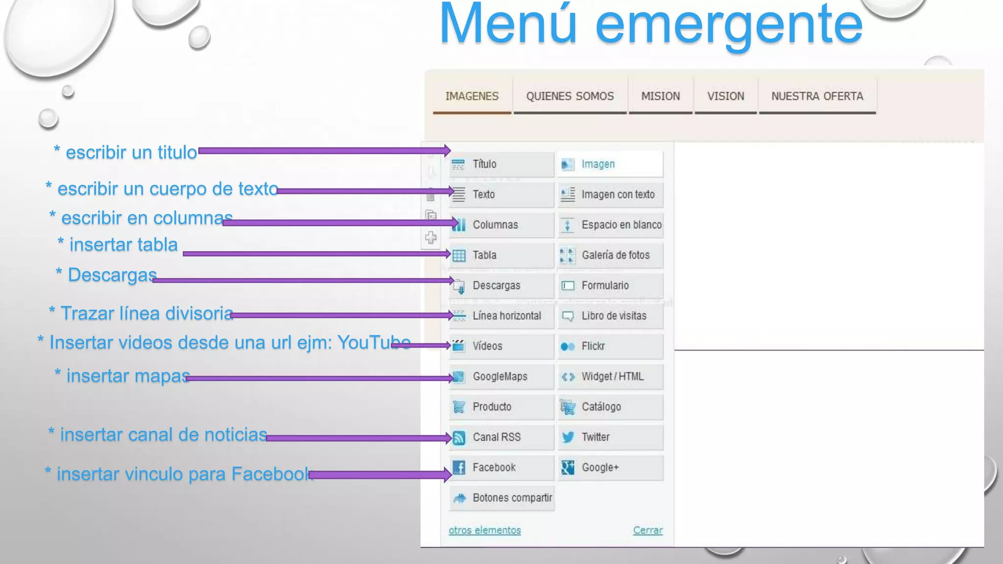 Menú emergente
* escribir un titulo
* escribir un cuerpo de texto
* escribir en columnas
* insertar tabla
* Descargas
* Trazar línea divisoria
* Insertar videos desde una url ejm: YouTube
* insertar mapas
* insertar canal de noticias
* insertar vinculo para Facebook
 