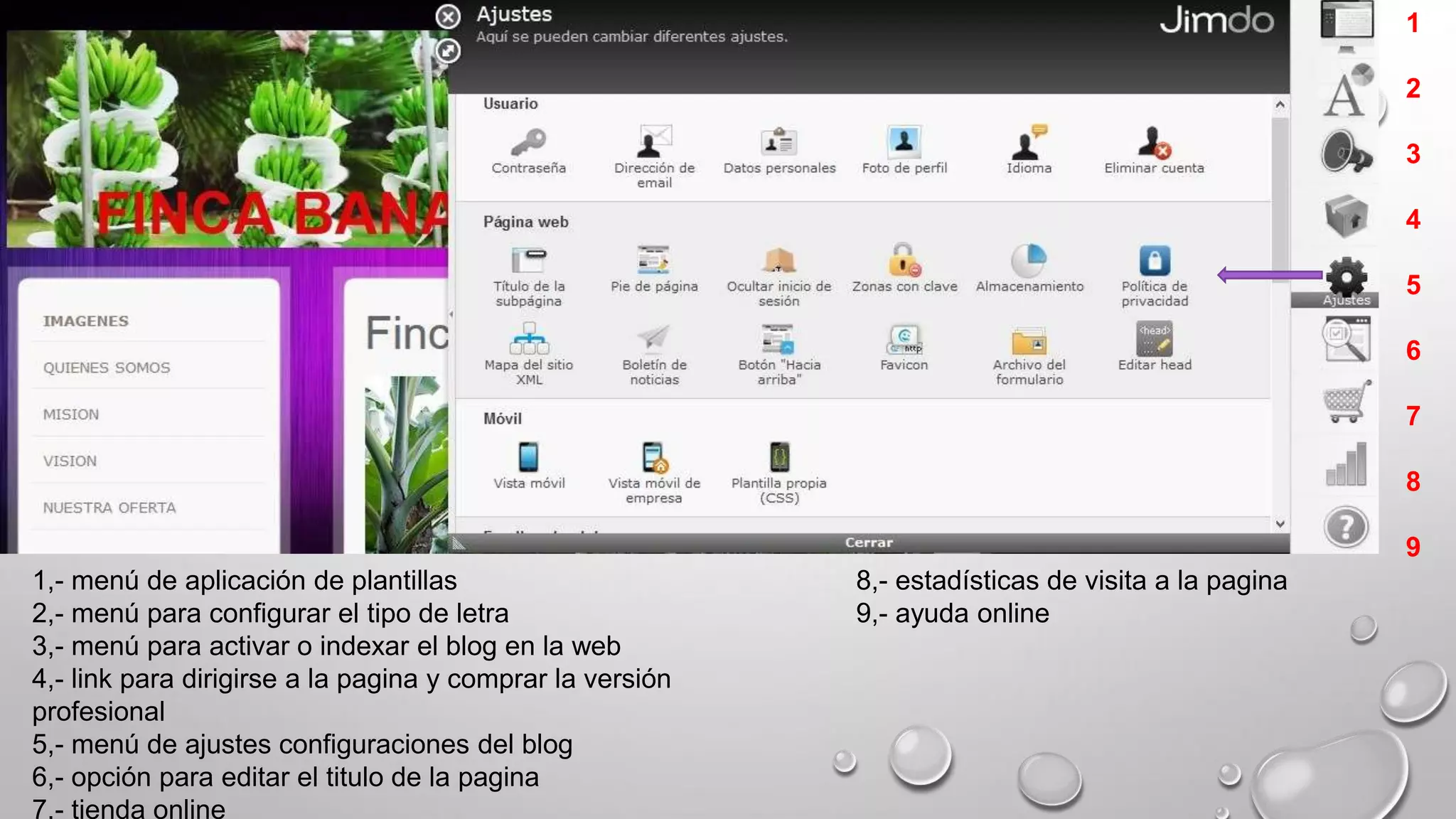 1
2
3
4
5
6
7
8
9
1,- menú de aplicación de plantillas
2,- menú para configurar el tipo de letra
3,- menú para activar o indexar el blog en la web
4,- link para dirigirse a la pagina y comprar la versión
profesional
5,- menú de ajustes configuraciones del blog
6,- opción para editar el titulo de la pagina
7,- tienda online
8,- estadísticas de visita a la pagina
9,- ayuda online
 