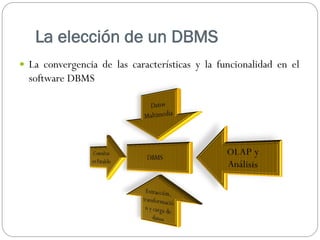 La elección de un DBMS
 La convergencia de las características y la funcionalidad en el
software DBMS
 
