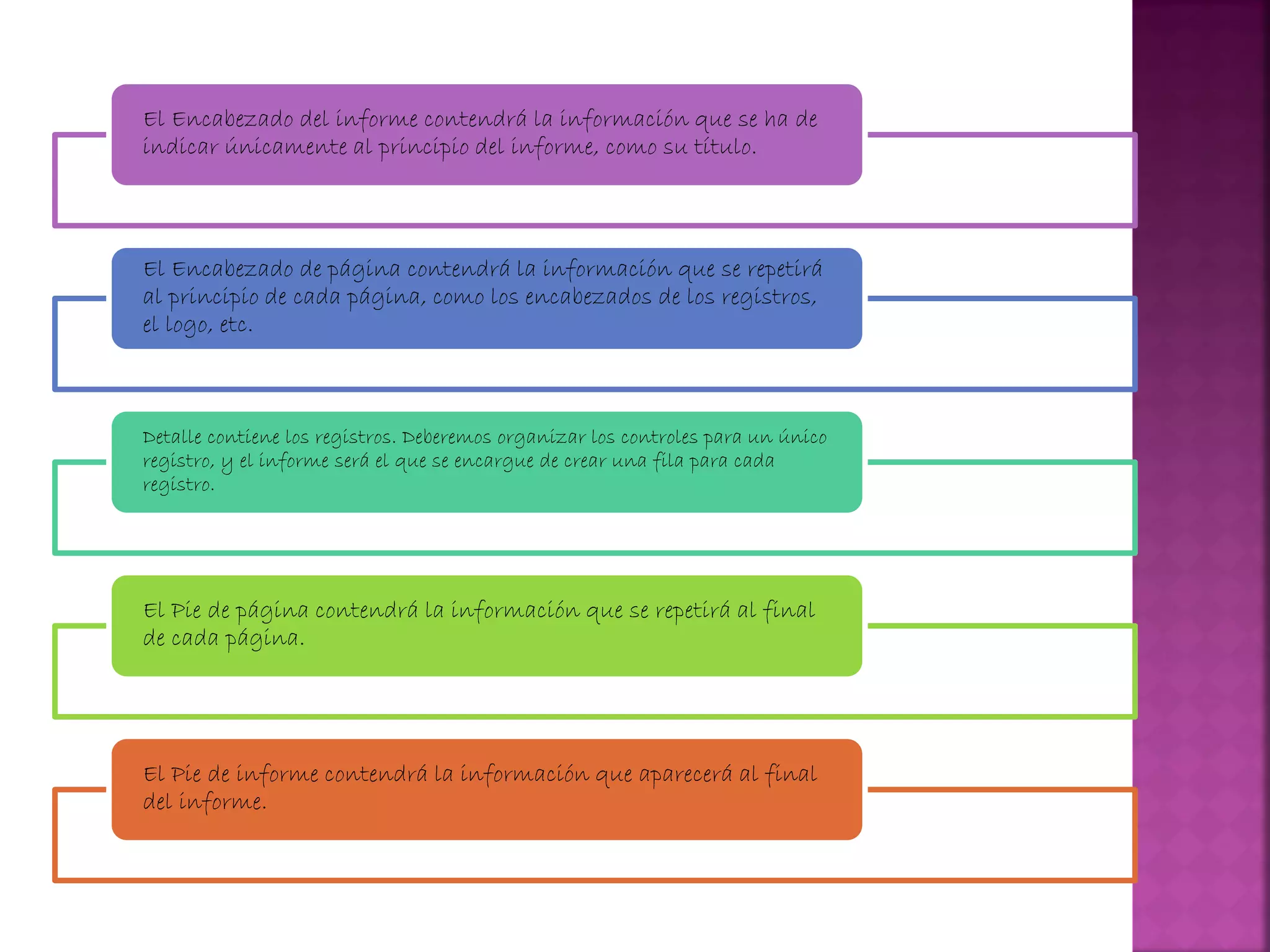 El Encabezado del informe contendrá la información que se ha de
indicar únicamente al principio del informe, como su título.
El Encabezado de página contendrá la información que se repetirá
al principio de cada página, como los encabezados de los registros,
el logo, etc.
Detalle contiene los registros. Deberemos organizar los controles para un único
registro, y el informe será el que se encargue de crear una fila para cada
registro.
El Pie de página contendrá la información que se repetirá al final
de cada página.
El Pie de informe contendrá la información que aparecerá al final
del informe.
 