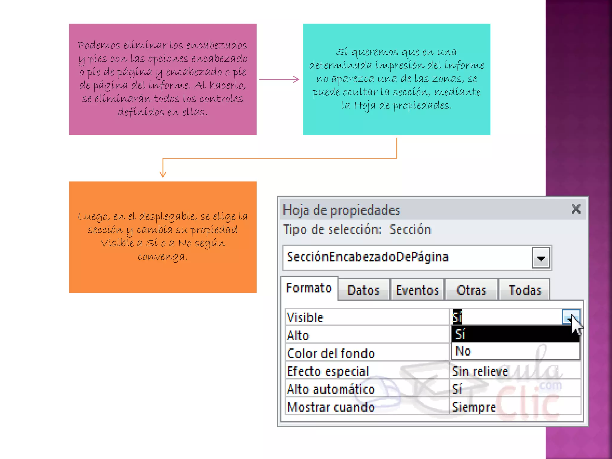 Podemos eliminar los encabezados
y pies con las opciones encabezado
o pie de página y encabezado o pie
de página del informe. Al hacerlo,
se eliminarán todos los controles
definidos en ellas.
Si queremos que en una
determinada impresión del informe
no aparezca una de las zonas, se
puede ocultar la sección, mediante
la Hoja de propiedades.
Luego, en el desplegable, se elige la
sección y cambia su propiedad
Visible a Sí o a No según
convenga.
 