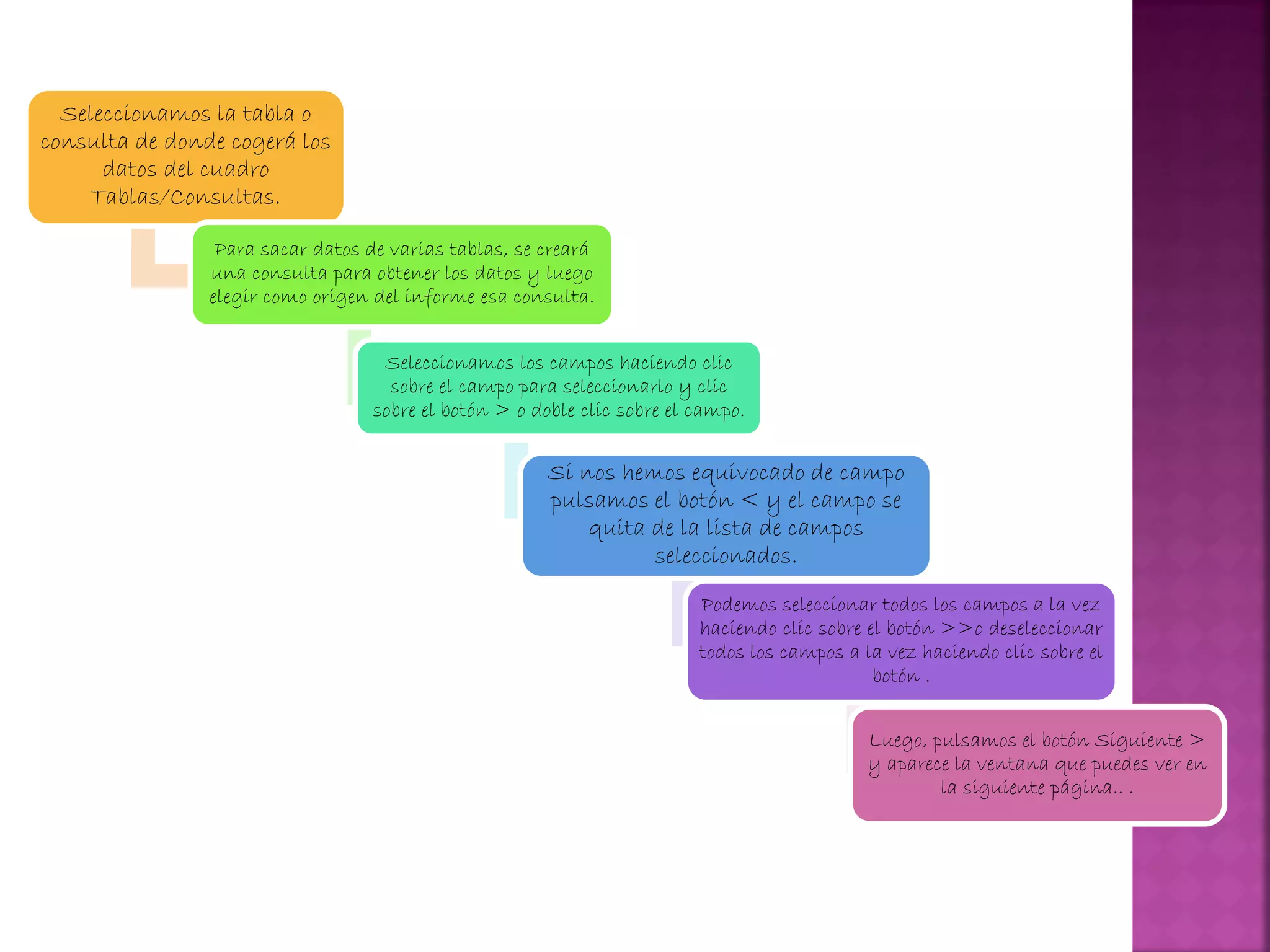 Seleccionamos la tabla o
consulta de donde cogerá los
datos del cuadro
Tablas/Consultas.
Para sacar datos de varias tablas, se creará
una consulta para obtener los datos y luego
elegir como origen del informe esa consulta.
Seleccionamos los campos haciendo clic
sobre el campo para seleccionarlo y clic
sobre el botón > o doble clic sobre el campo.
Si nos hemos equivocado de campo
pulsamos el botón < y el campo se
quita de la lista de campos
seleccionados.
Podemos seleccionar todos los campos a la vez
haciendo clic sobre el botón >>o deseleccionar
todos los campos a la vez haciendo clic sobre el
botón .
Luego, pulsamos el botón Siguiente >
y aparece la ventana que puedes ver en
la siguiente página.. .
 