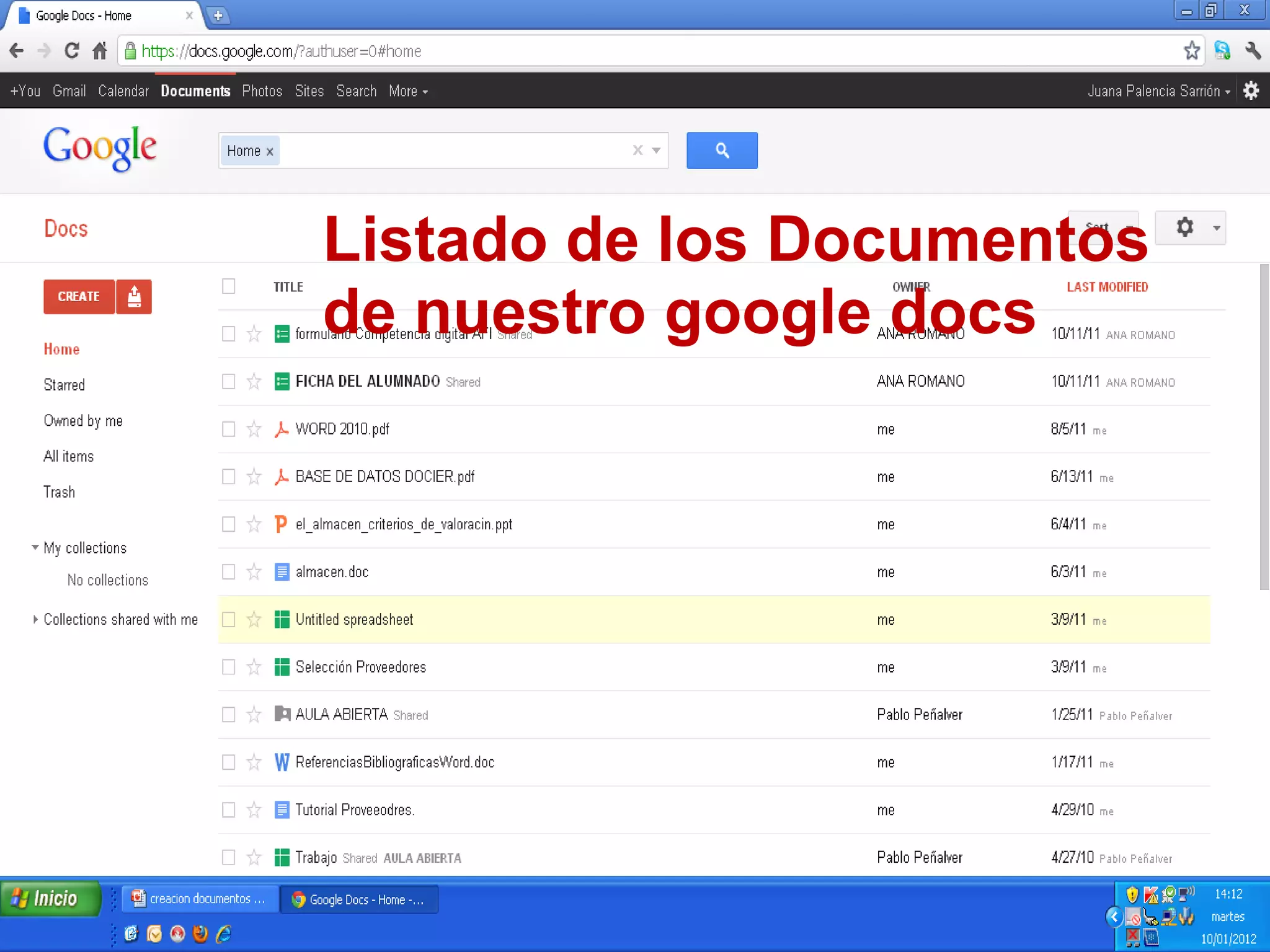 Listado de los Documentos
de nuestro google docs