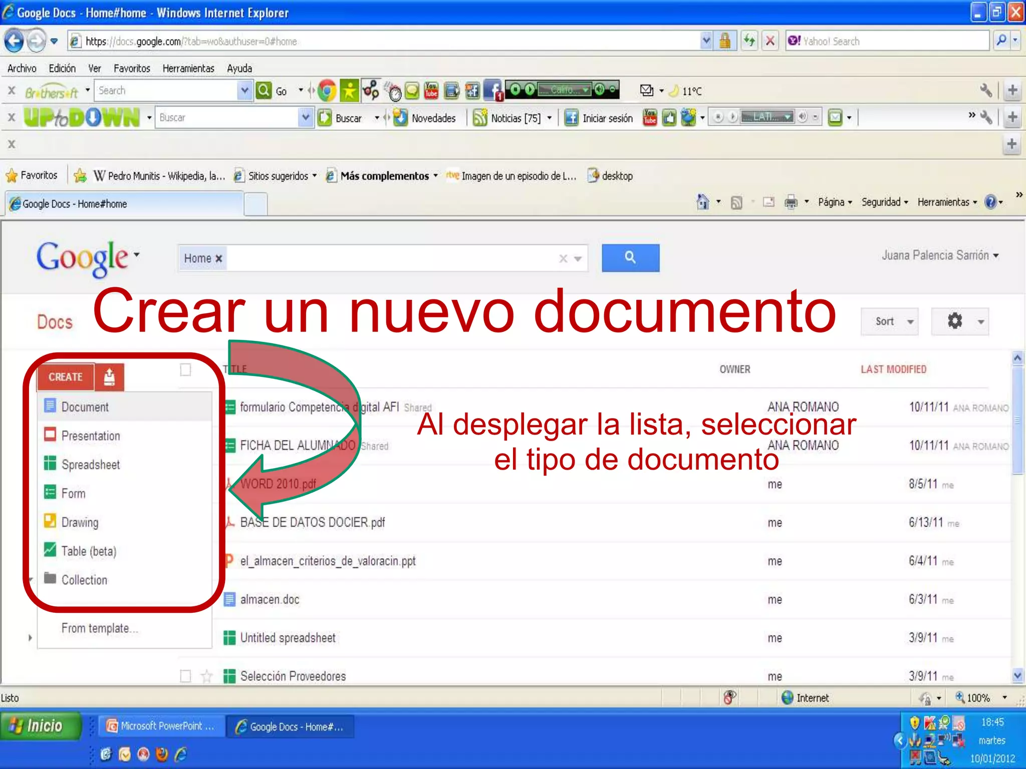 Crear un nuevo documento
Al desplegar la lista, seleccionar
el tipo de documento