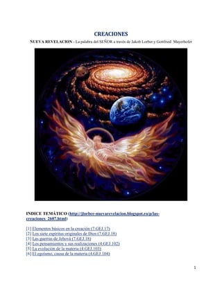 CREACIONES
  NUEVA REVELACION - La palabra del SEÑOR a través de Jakob Lorber y Gottfried Mayerhofer




INDICE TEMÁTICO (http://jlorber-nuevarevelacion.blogspot.ro/p/las-
creaciones_2607.html)

[1] Elementos básicos en la creación (7.GEJ.17)
[2] Los siete espíritus originales de Dios (7.GEJ.18)
[3] Las guerras de Jehová (7.GEJ.18)
[4] Los pensamientos y sus realizaciones (4.GEJ.102)
[5] La evolución de la materia (4.GEJ.103)
[6] El egoísmo, causa de la materia (4.GEJ.104)


                                                                                            1
 