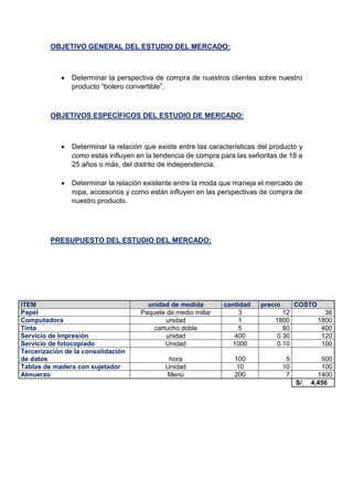 OBJETIVO GENERAL DEL ESTUDIO DEL MERCADO:
 Determinar la perspectiva de compra de nuestros clientes sobre nuestro
producto “bolero convertible”.
OBJETIVOS ESPECÍFICOS DEL ESTUDIO DE MERCADO:
 Determinar la relación que existe entre las características del producto y
como estas influyen en la tendencia de compra para las señoritas de 18 a
25 años o más, del distrito de independencia.
 Determinar la relación existente entre la moda que maneja el mercado de
ropa, accesorios y como están influyen en las perspectivas de compra de
nuestro producto.
PRESUPUESTO DEL ESTUDIO DEL MERCADO:
ITEM unidad de medida cantidad precio COSTO
Papel Paquete de medio millar 3 12 36
Computadora unidad 1 1800 1800
Tinta cartucho doble 5 80 400
Servicio de Impresión unidad 400 0.30 120
Servicio de fotocopiado Unidad 1000 0.10 100
Tercerización de la consolidación
de datos hora 100 5 500
Tablas de madera con sujetador Unidad 10 10 100
Almuerzo Menú 200 7 1400
S/. 4,456
 