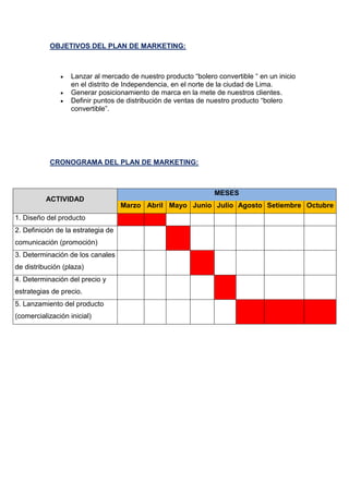 OBJETIVOS DEL PLAN DE MARKETING:
 Lanzar al mercado de nuestro producto “bolero convertible “ en un inicio
en el distrito de Independencia, en el norte de la ciudad de Lima.
 Generar posicionamiento de marca en la mete de nuestros clientes.
 Definir puntos de distribución de ventas de nuestro producto “bolero
convertible”.
CRONOGRAMA DEL PLAN DE MARKETING:
ACTIVIDAD
MESES
Marzo Abril Mayo Junio Julio Agosto Setiembre Octubre
1. Diseño del producto
2. Definición de la estrategia de
comunicación (promoción)
3. Determinación de los canales
de distribución (plaza)
4. Determinación del precio y
estrategias de precio.
5. Lanzamiento del producto
(comercialización inicial)
 