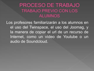 Los profesores familiarizarán a los alumnos en
el uso del Twinspace, el uso del Joomag, y
la manera de copiar el url de un recurso de
Internet, como un vídeo de Youtube o un
audio de Soundcloud.
 