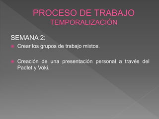 SEMANA 2:
 Crear los grupos de trabajo mixtos.
 Creación de una presentación personal a través del
Padlet y Voki.
 