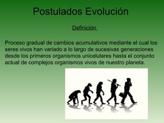 Postulados Evolución
Proceso gradual de cambios acumulativos mediante el cual los
seres vivos han variado a lo largo de sucesivas generaciones
desde los primeros organismos unicelulares hasta el conjunto
actual de complejos organismos vivos de nuestro planeta.
Definición
 