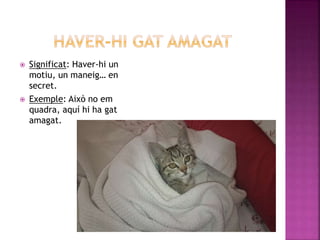  Significat: Haver-hi un
motiu, un maneig… en
secret.
 Exemple: Això no em
quadra, aquí hi ha gat
amagat.
 