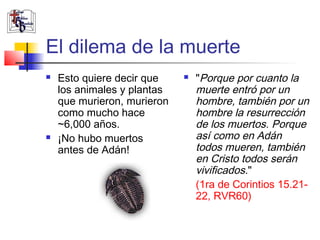 El dilema de la muerte 
 Esto quiere decir que 
los animales y plantas 
que murieron, murieron 
como mucho hace 
~6,000 años. 
 ¡No hubo muertos 
antes de Adán! 
 "Porque por cuanto la 
muerte entró por un 
hombre, también por un 
hombre la resurrección 
de los muertos. Porque 
así como en Adán 
todos mueren, también 
en Cristo todos serán 
vivificados." 
(1ra de Corintios 15.21- 
22, RVR60) 
 