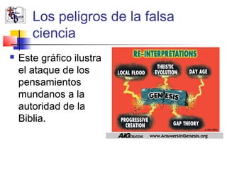 Los peligros de la falsa 
ciencia 
 Este gráfico ilustra 
el ataque de los 
pensamientos 
mundanos a la 
autoridad de la 
Biblia. 
 