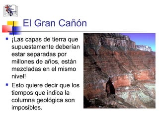 El Gran Cañón 
 ¡Las capas de tierra que 
supuestamente deberían 
estar separadas por 
millones de años, están 
mezcladas en el mismo 
nivel! 
 Esto quiere decir que los 
tiempos que indica la 
columna geológica son 
imposibles. 
 