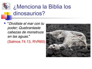 ¿Menciona la Biblia los 
dinosaurios? 
 "Dividiste el mar con tu 
poder; Quebrantaste 
cabezas de monstruos 
en las aguas." 
(Salmos 74.13, RVR60) 
 