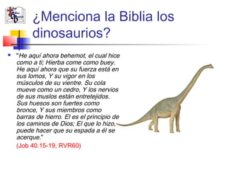 ¿Menciona la Biblia los 
dinosaurios? 
 "He aquí ahora behemot, el cual hice 
como a ti; Hierba come como buey. 
He aquí ahora que su fuerza está en 
sus lomos, Y su vigor en los 
músculos de su vientre. Su cola 
mueve como un cedro, Y los nervios 
de sus muslos están entretejidos. 
Sus huesos son fuertes como 
bronce, Y sus miembros como 
barras de hierro. El es el principio de 
los caminos de Dios; El que lo hizo, 
puede hacer que su espada a él se 
acerque." 
(Job 40.15-19, RVR60) 
 
