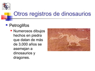 Otros registros de dinosaurios 
 Petroglifos 
 Numerosos dibujos 
hechos en piedra 
que datan de más 
de 3,000 años se 
asemejan a 
dinosaurios y 
dragones. 
 