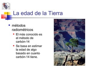 La edad de la Tierra 
 métodos 
radiométricos 
 El más conocido es 
el método de 
carbón-14 
 Se basa en estimar 
la edad de algo 
basado en cuanto 
carbón-14 tiene. 
 