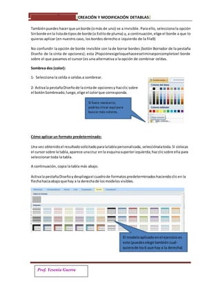 [CREACIÓN Y MODIFICACIÓN DETABLAS]
Prof. Yesenia Guerra
Tambiénpuedes hacerque unborde (omás de uno) se a invisible. Para ello, selecciona la opción
Sinborde enla listade tiposde borde (o Estilode pluma) y,a continuación,elige el borde a que lo
quieras aplicar (en nuestro caso, los bordes derecho e izquierdo de la fila9)
No confundir la opción de borde invisible con la de borrar bordes (botón Borrador de la pestaña
Diseño de la cinta de opciones); esta 2ªopciónexigeloquehaceeseliminarporcompletoel borde
sobre el que pasamos el cursor (es una alternativa a la opción de combinar celdas.
Sombrea dos (color):
1- Selecciona la celda o celdas a sombrear.
2- Activala pestañaDiseñode lacintade opcionesy hazclic sobre
el botónSombreado;luego,elige el colorque corresponda.
Si fuera necesario,
podrías clicar aquí para
buscar más colores.
Cómo aplicar un formato predeterminado:
Una vez obtenidoel resultadosolicitadoparalatabla personalizada, selecciónalatoda.Si colocas
el cursor sobre la tabla,aparece unacruz enla esquinasuperiorizquierda;hazclicsobre ella para
seleccionar toda la tabla.
A continuación, copia la tabla más abajo.
Activala pestañaDiseñoydespliegael cuadrode formatospredeterminadoshaciendoclicen la
flechahaciaabajoque hay a la derechade losmodelos visibles.
El modeloaplicadoenel ejercicio es
este (puedeselegirtambién cual-
quierade los6 que hay a la derecha)
 