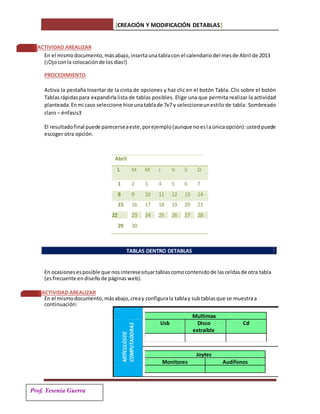 [CREACIÓN Y MODIFICACIÓN DETABLAS]
Prof. Yesenia Guerra
ACTIVIDAD AREALIZAR
En el mismodocumento, másabajo, insertaunatablacon el calendario del mesde Abril de 2013
(¡Ojoconla colocaciónde los días!)
PROCEDIMIENTO
Activa la pestaña Insertar de la cinta de opciones y haz clic en el botón Tabla. Clic sobre el botón
Tablasrápidaspara expandirlalista de tablas posibles. Elige una que permita realizar la actividad
planteada.Enmi caso seleccione hice unatablade 7x7 y seleccioneunestilo de tabla: Sombreado
claro – énfasis3
El resultadofinal puede parecerseaeste,porejemplo(aunque noeslaúnicaopción):usted puede
escoger otra opción.
Abril
L M M J V S D
1 2 3 4 5 6 7
8 9 10 11 12 13 14
15 16 17 18 19 20 21
22 23 24 25 26 27 28
29 30
En ocasionesesposible que nosinteresesituartablascomocontenidode lasceldasde otra tabla
(esfrecuente endiseñode páginas web).
ACTIVIDAD AREALIZAR
En el mismodocumento,másabajo,creay configurala tablay sub tablasque se muestraa
continuación:
TABLAS DENTRO DETABLAS
ARTÍCULOSDE
COMPUTADORAS
Multimax
Usb Disco Cd
extraíble
Joytec
Monitores Audífonos
 