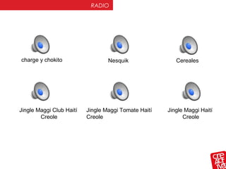 RADIO
Cerealescharge y chokito Nesquik
Jingle Maggi Club Haití
Creole
Jingle Maggi Tomate Haití
Creole
Jingle Maggi Haití
Creole
 