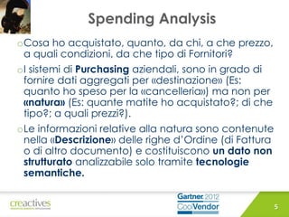 Spending Analysis
oCosa ho acquistato, quanto, da chi, a che prezzo,
a quali condizioni, da che tipo di Fornitori?
oI sistemi di Purchasing aziendali, sono in grado di
fornire dati aggregati per «destinazione» (Es:
quanto ho speso per la «cancelleria») ma non per
«natura» (Es: quante matite ho acquistato?; di che
tipo?; a quali prezzi?).
oLe informazioni relative alla natura sono contenute
nella «Descrizione» delle righe d’Ordine (di Fattura
o di altro documento) e costituiscono un dato non
strutturato analizzabile solo tramite tecnologie
semantiche.
5
 