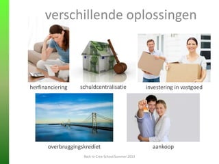 Back to Crea-School Summer 2013
verschillende oplossingen
herfinanciering schuldcentralisatie investering in vastgoed
overbruggingskrediet aankoop
 