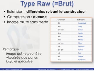 §  Extension : différentes suivant le constructeur
§  Compression : aucune
§  Image brute sans perte




Remarque :
  Image qui ne peut être
  visualisée que par un
  logiciel spécialisé
 
