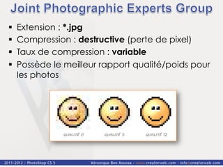 §    Extension : *.jpg
§    Compression : destructive (perte de pixel)
§    Taux de compression : variable
§    Possède le meilleur rapport qualité/poids pour
      les photos
 