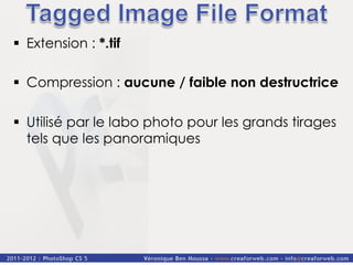 §  Extension : *.tif

§  Compression : aucune / faible non destructrice

§  Utilisé par le labo photo pour les grands tirages
    tels que les panoramiques
 