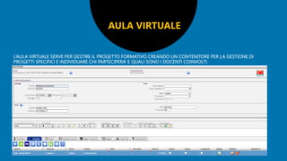 L’AULA VIRTUALE SERVE PER GESTIRE IL PROGETTO FORMATIVO CREANDO UN CONTENITORE PER LA GESTIONE DI
PROGETTI SPECIFICI E INDIVIDUARE CHI PARTECIPERA’ E QUALI SONO I DOCENTI COINVOLTI.
AULA VIRTUALE
 
