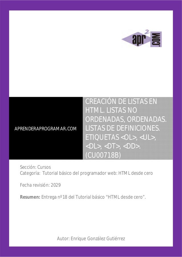 Crea Listas Ordenadas O No Html Etiquetas Ol Ul Listas Definiciones