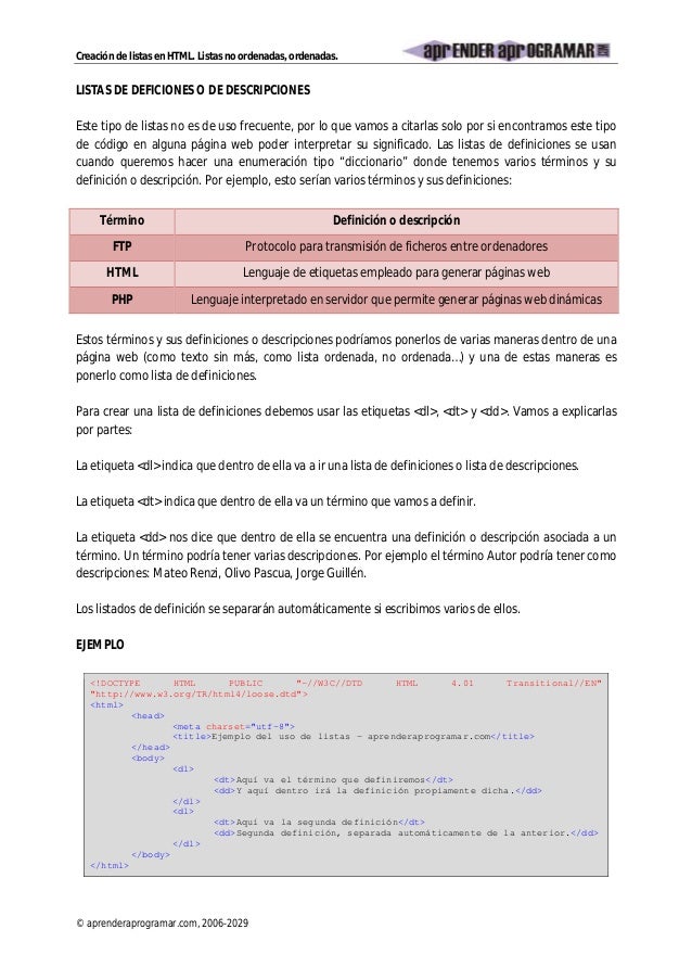 Crea Listas Ordenadas O No Html Etiquetas Ol Ul Listas Definiciones
