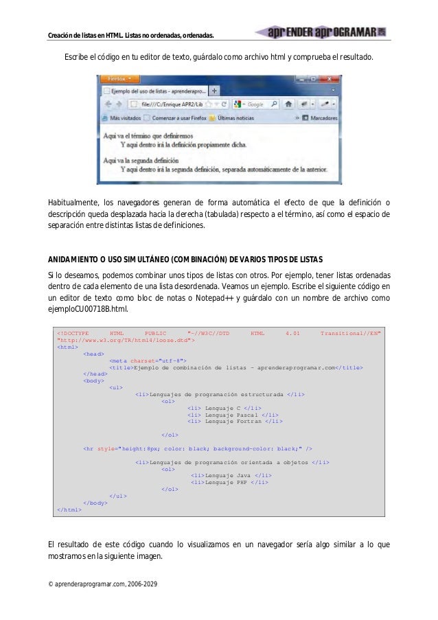 Crea Listas Ordenadas O No Html Etiquetas Ol Ul Listas Definiciones