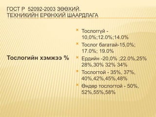 ГОСТ Р 52092-2003 ЗӨӨХИЙ.
ТЕХНИКИЙН ЕРӨНХИЙ ШААРДЛАГА
Тослогийн хэмжээ %
 Тослоггүй -
10,0%;12.0%;14.0%
 Тослог багатай-15,0%;
17.0%; 19.0%
 Ердийн -20,0% ;22.0%,25%
28%,30% 32% 34%
 Тослогтой - 35%, 37%,
40%,42%,45%,48%
 Өндөр тослогтой - 50%,
52%,55%,58%
 