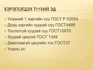 ХЭРЭГЛЭГДЭХ ТҮҮХИЙ ЭД
 Үнээний 1 зэргийн сүү ГОСТ Р 52054
 Дээд зэргийн хуурай сүү ГОСТ4495
 Тослоггүй хуурай сүү ГОСТ10970
 Хуурай цөцгий ГОСТ 1349
 Давслаагүй цөцгийн тос ГОСТ37
 Ундны ус
 