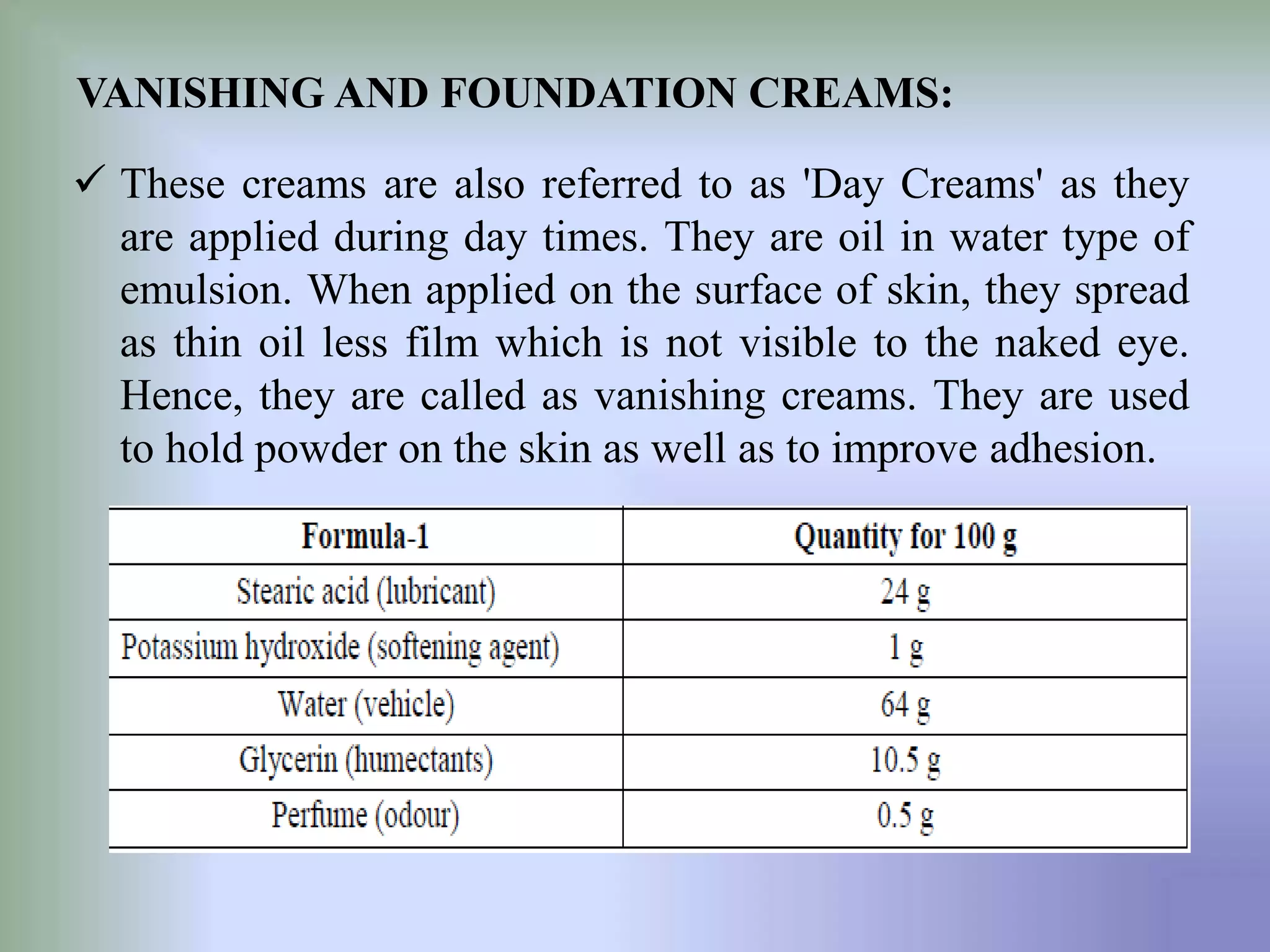 VANISHING AND FOUNDATION CREAMS:
 These creams are also referred to as 'Day Creams' as they
are applied during day times. They are oil in water type of
emulsion. When applied on the surface of skin, they spread
as thin oil less film which is not visible to the naked eye.
Hence, they are called as vanishing creams. They are used
to hold powder on the skin as well as to improve adhesion.
 