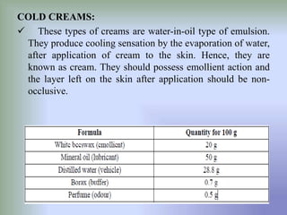 COLD CREAMS:
 These types of creams are water-in-oil type of emulsion.
They produce cooling sensation by the evaporation of water,
after application of cream to the skin. Hence, they are
known as cream. They should possess emollient action and
the layer left on the skin after application should be non-
occlusive.
 