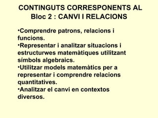 CONTINGUTS CORRESPONENTS AL Bloc 2 : CANVI I RELACIONS Comprendre patrons, relacions i funcions.  Representar i analitzar situacions i estructurwes matemàtiques utilitzant símbols algebraics.  Utilitzar models matemàtics per a representar i comprendre relacions quantitatives.  Analitzar el canvi en contextos diversos. 