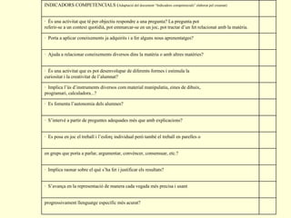 INDICADORS COMPETENCIALS ( Adaptació del document “Indicadors competencials” elaborat pel creamat) ·  És una activitat que té per objectiu respondre a una pregunta? La pregunta pot referir-se a un context quotidià, pot emmarcar-se en un joc, pot tractar d’un fet relacionat amb la matèria. ·  Porta a aplicar coneixements ja adquirits i a fer alguns nous aprenentatges? ·  Ajuda a relacionar coneixements diversos dins la matèria o amb altres matèries? ·  És una activitat que es pot desenvolupar de diferents formes i estimula la curiositat i la creativitat de l ’ alumnat? ·  Implica l ’ ús d ’ instruments diversos com material manipulatiu, eines de dibuix, programari, calculadora...? ·  Es fomenta l ’ autonomia dels alumnes? ·  S ’ intervé a partir de preguntes adequades més que amb explicacions? ·  Es posa en joc el treball i l ’ esforç individual però també el treball en parelles o en grups que porta a parlar, argumentar, convèncer, consensuar, etc.? ·  Implica raonar sobre el què s’ha fet i justificar els resultats? ·  S ’ avança en la representació de manera cada vegada més precisa i usant progressivament llenguatge específic més acurat? 
