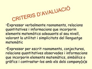 CRITERIS D’AVALUACIÓ Expressar verbalmente raonaments, relacions quantitatives i informacions que incorporin elements matemàtics adeauants al seu nivell, valorant la utilitat i simplicitats del llenguatge matemàtic Expressar per escrit raonaments, conjectures, relacions quantitatives observades i informacions que incorporin elements matemàtics, simbòlics o gràfics i contrastar-los amb els dels company(e)s 