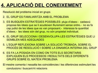 4. APLICACIÓ DEL CONEIXEMENT   <ul><li>Resolució del problema inicial en grups </li></ul><ul><li>EL GRUP ES FAMILIARITZA A...