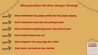Menyesuaikan Struktur dengan Strategi
Untuk menekankan laha jangka pendek dan laba jangka panjang
Untuk menekankan margin laba atau pembagian pasar
Untuk menekankan pengembangan pasar atau penetrasi pasar
Untuk memberhentikan atau cuti
Untuk mengambil risiko yang tinggi atau rendah
Untuk mencari pertumbuhan atau stabilitas
 