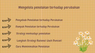 Mengelola penolakan terhadap perubahan
Penyebab Penolakan terhadap Perubahan
Dampak Penolakan terhadap Perubahan
Strategi menhadapi penolakan
Langkah Strategi Rasional (Jack Duncan)
Cara Meminimalkan Penolakan
 