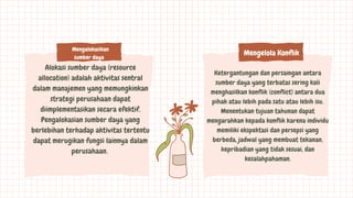 Mengalokasikan
sumber daya
Alokasi sumber daya (resource
allocation) adalah aktivitas sentral
dalam manajemen yang memungkinkan
strategi perusahaan dapat
diimplementasikan secara efektif.
Pengalokasian sumber daya yang
berlebihan terhadap aktivitas tertentu
dapat merugikan fungsi lainnya dalam
perusahaan.
Mengelola Konflik
Ketergantungan dan persaingan antara
sumber daya yang terbatas sering kali
menghasilkan konflik (conflict) antara dua
pihak atau lebih pada satu atau lebih isu.
Menentukan tujuan tahunan dapat
mengarahkan kepada konflik karena individu
memiliki ekspektasi dan persepsi yang
berbeda, jadwal yang membuat tekanan,
kepribadian yang tidak sesuai, dan
kesalahpahaman.
 
