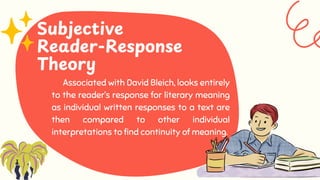 Associated with David Bleich, looks entirely
to the reader’s response for literary meaning
as individual written responses to a text are
then compared to other individual
interpretations to find continuity of meaning.
Subjective
Reader-Response
Theory
 