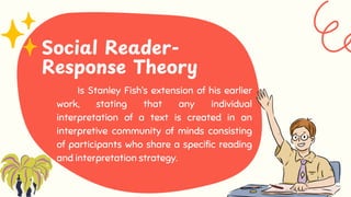Is Stanley Fish’s extension of his earlier
work, stating that any individual
interpretation of a text is created in an
interpretive community of minds consisting
of participants who share a specific reading
and interpretation strategy.
Social Reader-
Response Theory
 