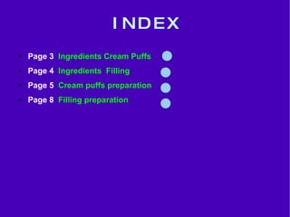 I N D E X  Page 3  Ingredients Cream Puffs Page 4  Ingredients  Filling Page 5  Cream puffs preparation Page 8  Filling preparation 