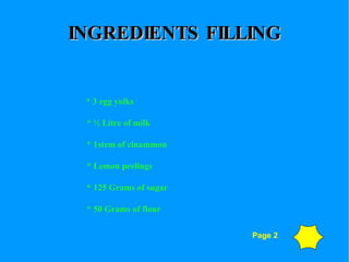 INGREDIENTS FILLING * 3 egg yolks * ½ Litre of milk * 1stem of cinammon * Lemon peelings * 125 Grams of sugar * 50 Grams of flour Page 2 