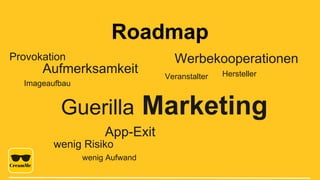 Roadmap
App-Exit
Imageaufbau
Guerilla Marketing
Aufmerksamkeit
Provokation
wenig Risiko
wenig Aufwand
Werbekooperationen
Veranstalter Hersteller
 